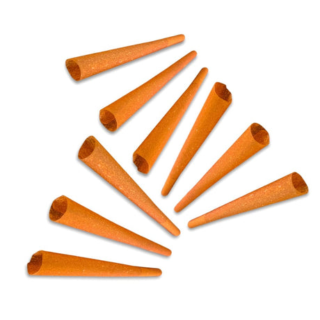 9 CaliGreenGold Goji Berry Cones scattered on white background, ready-to-fill rolling papers