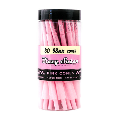 Blazy Susan Pink Paper Cones, 98mm pre-rolled, pack of 50, front view on white background