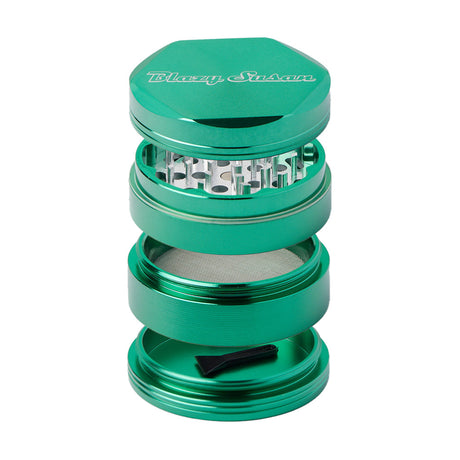 Blazy Susan 2.5" Green Aluminum 4-Piece Herb Grinder Front View with Kief Catcher