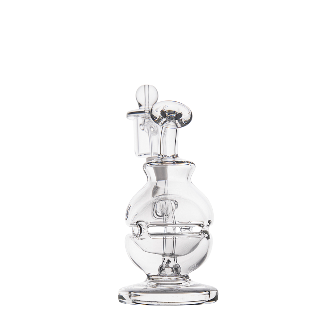 MJ Arsenal Royale Mini Dab Rig in clear borosilicate, 5" with 90-degree banger hanger, front view