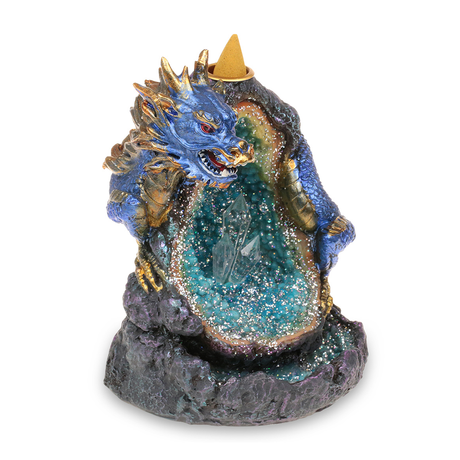 Fantasy Enchanted Backflow Incense Burner featuring a blue dragon, front view with smoke effect