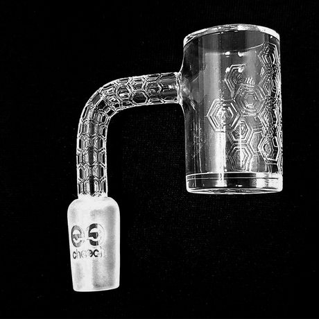 Cheech Glass Quartz Banger Set with Terp Bead & Cap, 14mm Male Joint, angled view on black