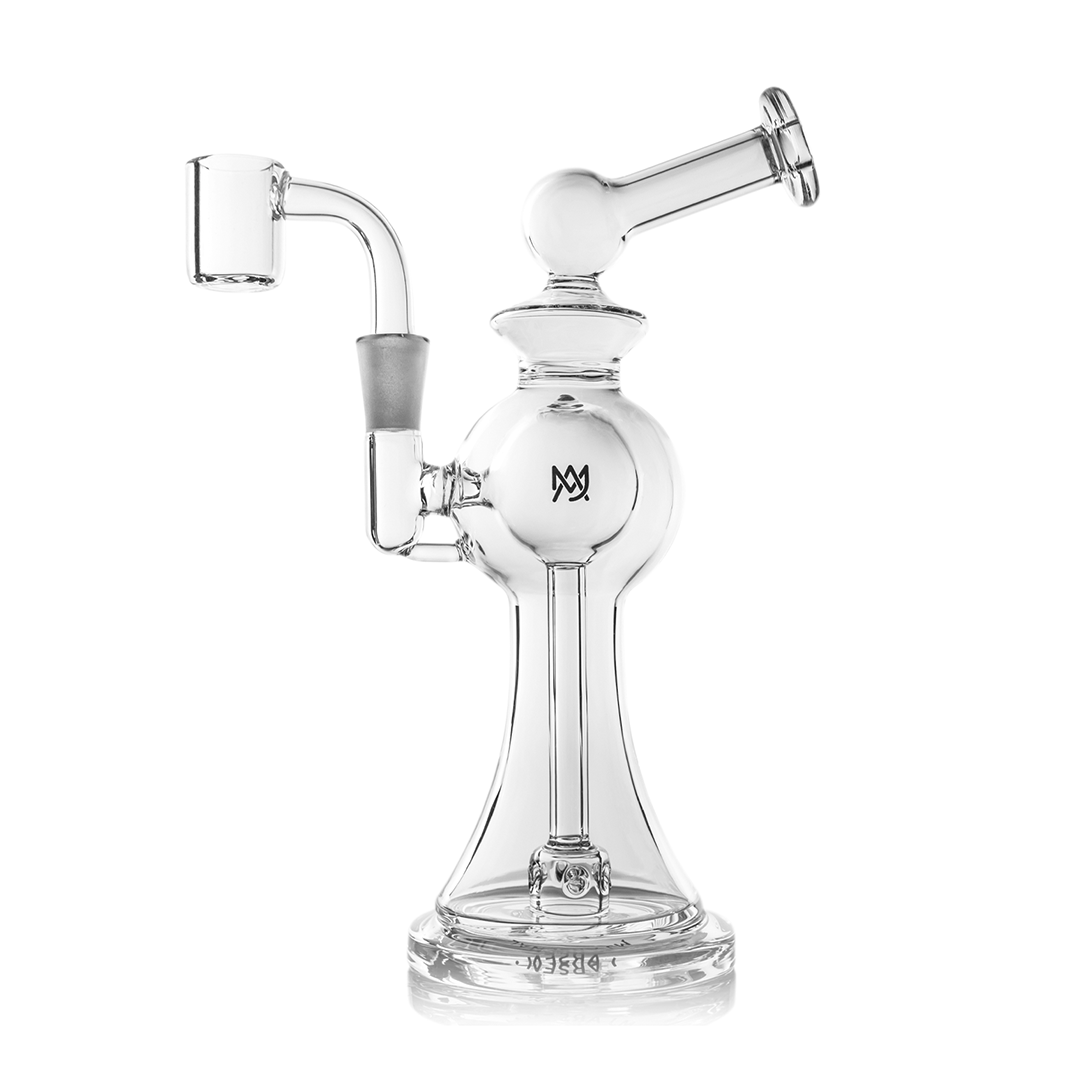 MJ Arsenal Apollo Mini Dab Rig front view, clear borosilicate glass, compact 7" with percolator