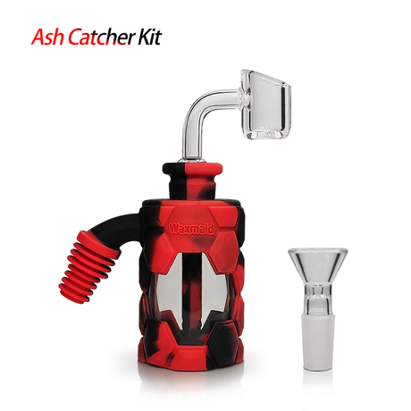 Waxmaid 4.96'' Silicone & Glass Ash Catcher Kit in Red & Black - Front View with Bowl