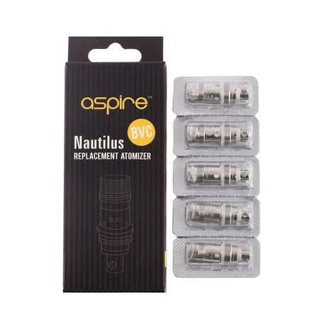 Aspire Nautilus BVC Coils 5-Pack on white background, 0.7Ω-1.8Ω range for quality vaping