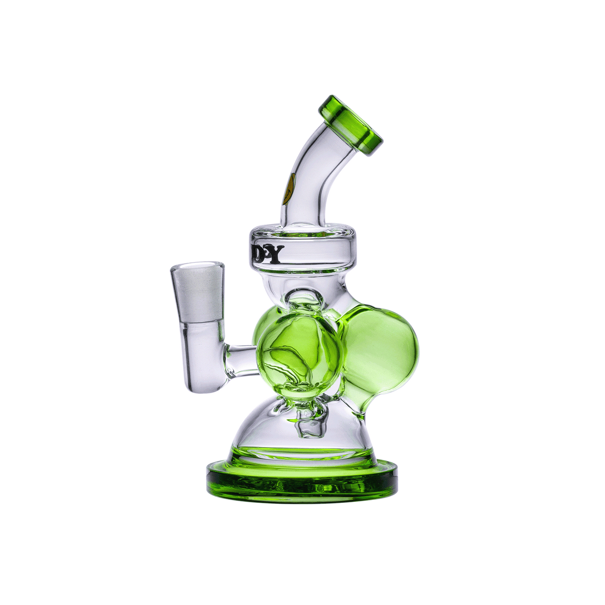 Goody Glass Atom Mini Dab Rig 4-Piece Kit with green accents and bent neck, front view