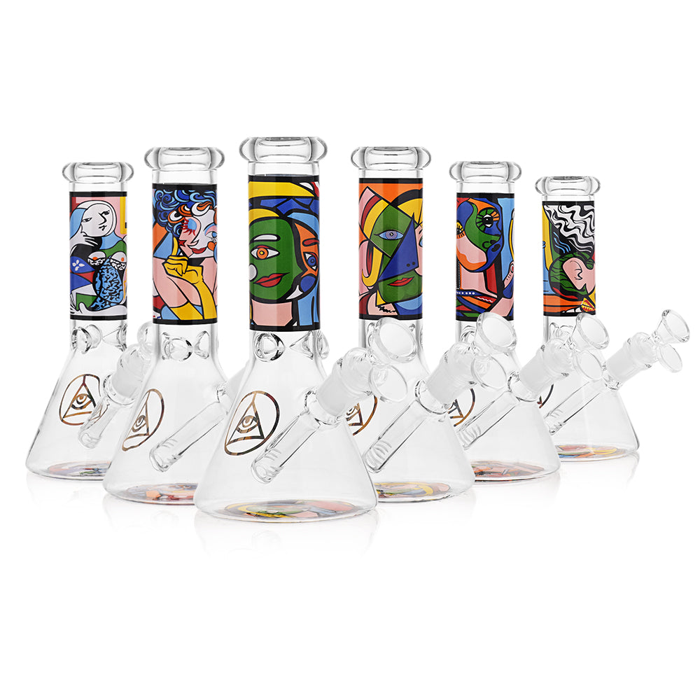 Ritual Smoke Atomic Pop 8" Glass Beaker Bongs with Colorful Artwork - Front View