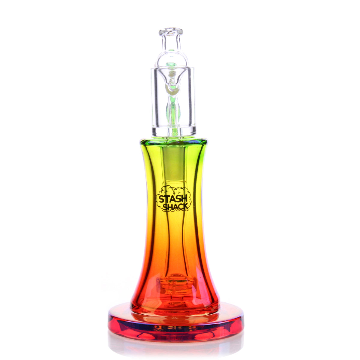 Aurelia Mini Rig by The Stash Shack in Rasta colors, front view, compact 5" borosilicate glass dab rig