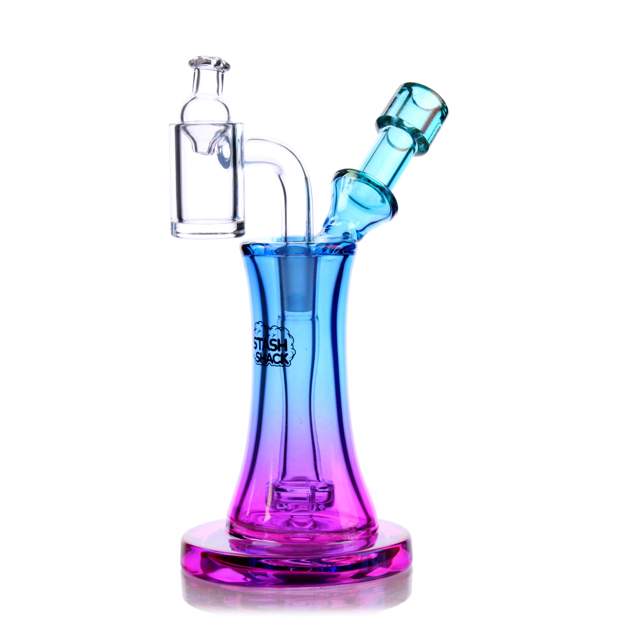 Aurelia Mini Rig by The Stash Shack, compact borosilicate glass dab rig with a 90-degree joint, in gradient blue to pink color.