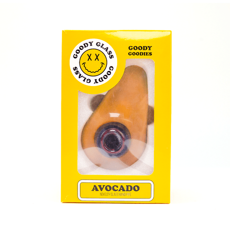 Goody Glass Avocado Hand Pipe packaged front view, novelty glass smoking accessory