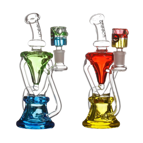 Cheech Glass Dual Color Glycerin Recyclers with vibrant green and blue, and red and yellow designs, front view