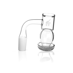 Honeybee Herb Honeysuckle Bubble Quartz Banger 90°, clear flat top design, side view on white background