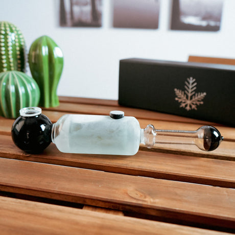 Freeze Pipe Steamroller with frosted chamber for cool smoke, side view on wooden table
