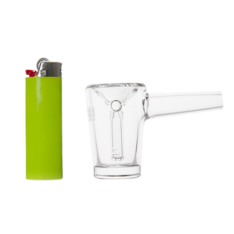 MJ Arsenal Basin Compact Bubbler front view with advanced water filtration next to green lighter