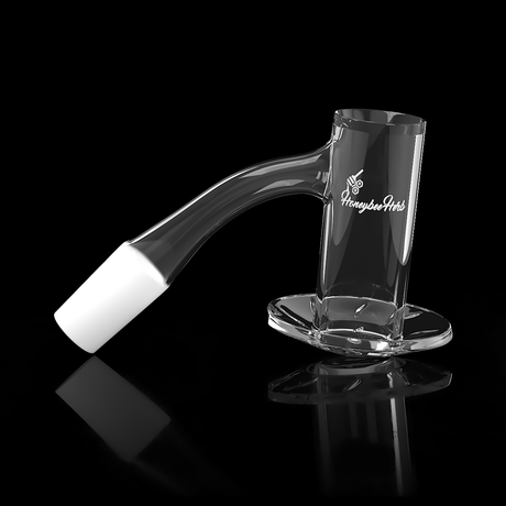 Honeybee Herb Beehive Quartz Banger at 45° angle, clear, for dab rigs, front view on black background