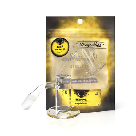 Honeybee Herb Beehive Quartz Banger at 45° angle, clear, displayed on branded packaging