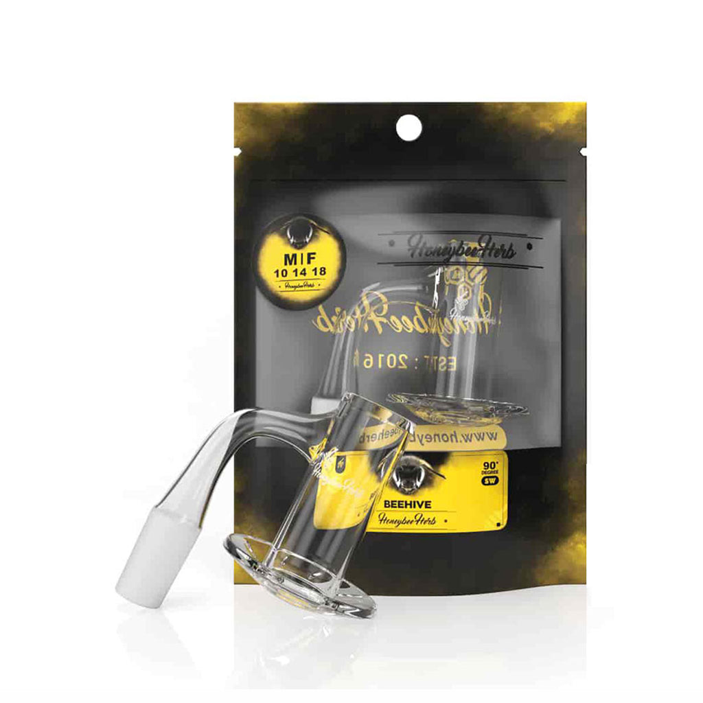 Honeybee Herb Beehive Quartz Banger at 90° angle, clear flat top design, for dab rigs, packaged view