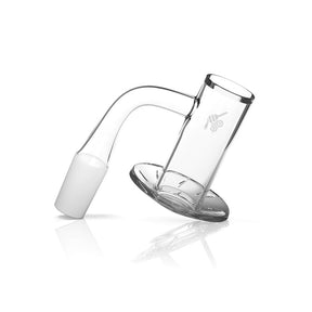 Honeybee Herb Beehive Quartz Banger at 90° angle, clear flat top design, ideal for dab rigs, side view