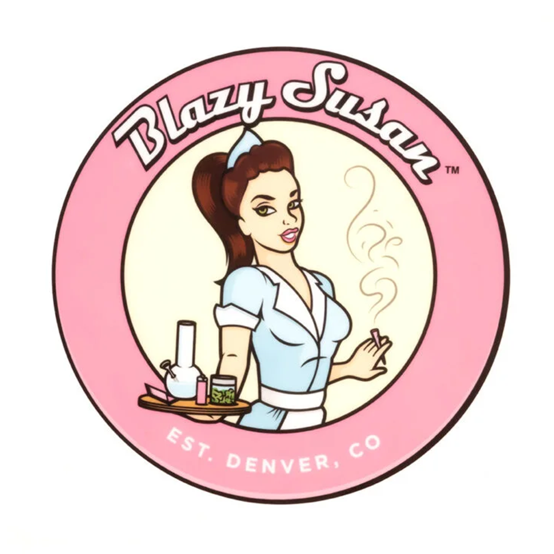 Blazy Susan Spinning Rolling Tray logo with retro waitress holding smoking accessories