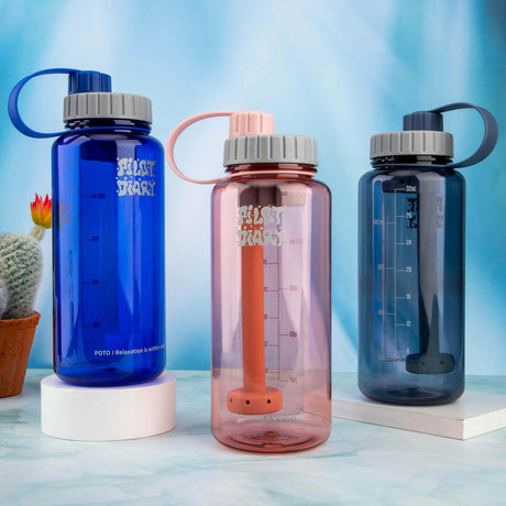 PILOT DIARY POTO Water Bottle Bongs in blue, pink, and grey, front view, portable design