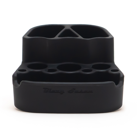 Blazy Susan black spinning rolling tray with multiple compartments, front view on white background