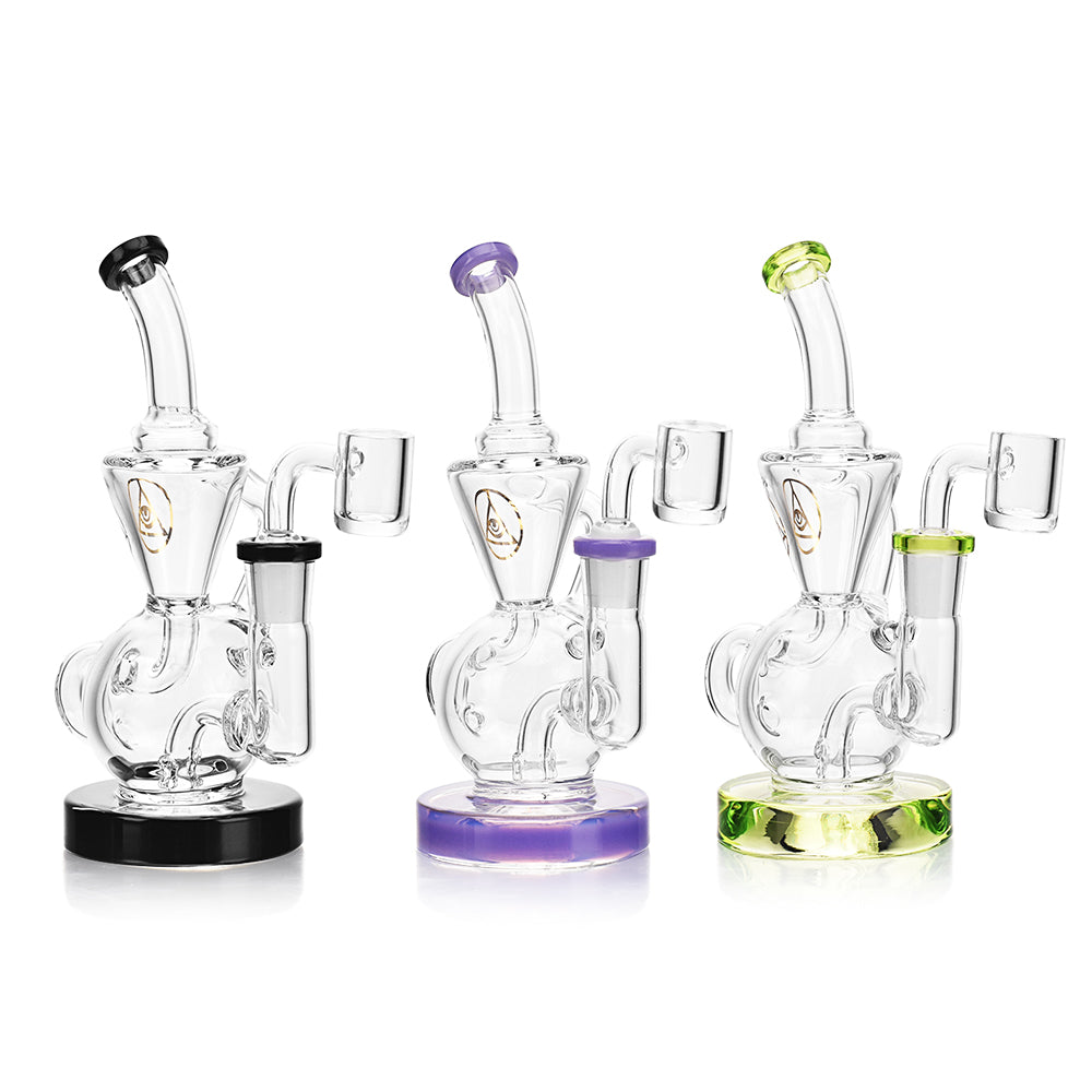 Ritual Smoke Air Bender Bubble-Cycler Rigs in Lime Green, Purple, and Clear - Front View