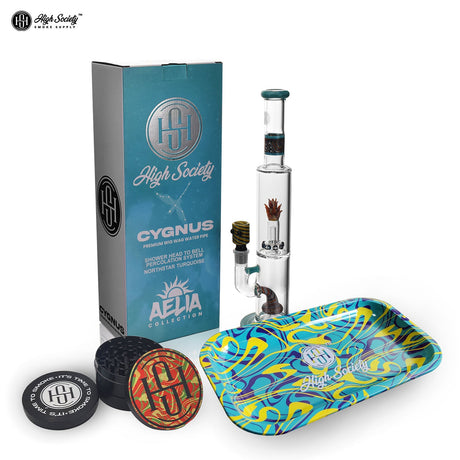 High Society Cygnus Daily Driver Bundle featuring glass bong, rolling tray, and accessories