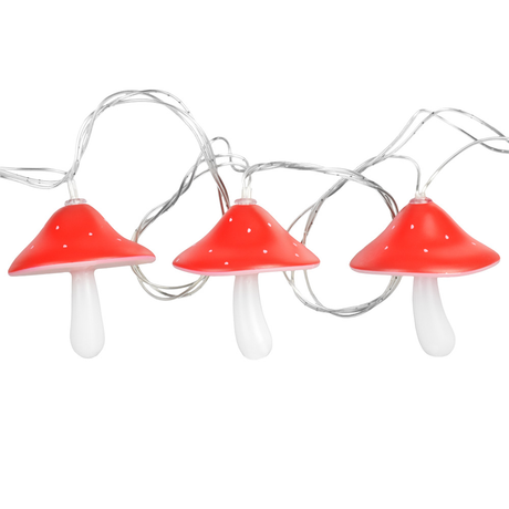 Pulsar LED string lights with vibrant red mushroom caps on a clear wire, 12ft long, front view