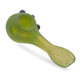 Medusa Customs Slyme Green Hand Pipe with Purple Beads, Angled Side View on White Background