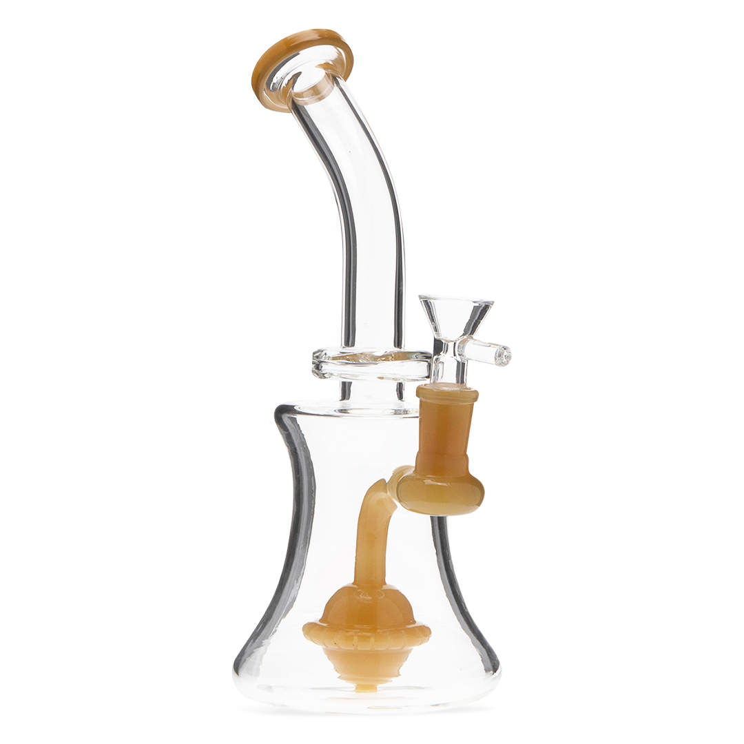 Medusa Customs 8.5" Saturn Perc Rig with amber accents and clear glass, front view