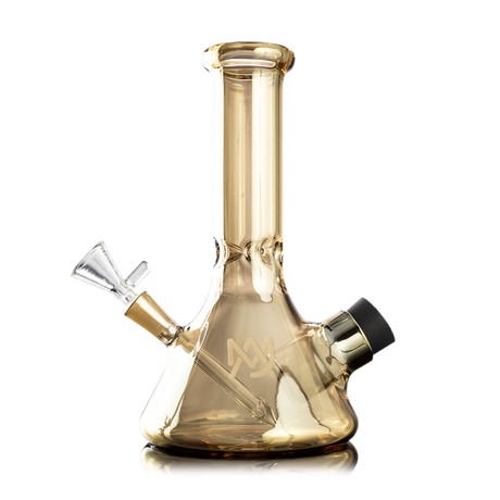 MJ Arsenal Cache Bong in gold, compact beaker design with 45-degree joint, front view on white background