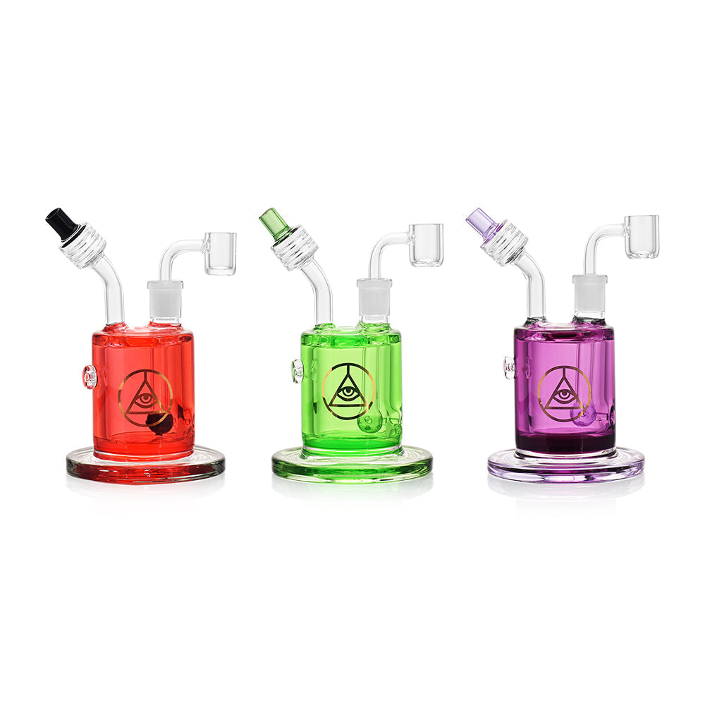 Ritual Smoke Chiller Glycerin Rigs in Red, Green, Purple - Front View with Quartz Bangers