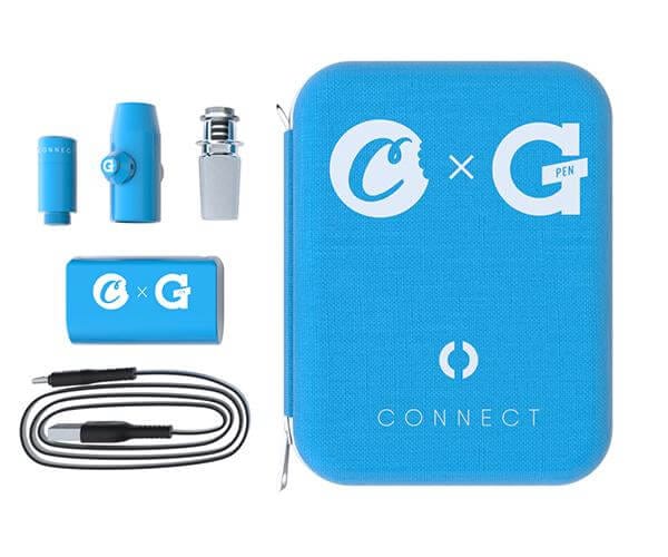 Cookies x G Pen Connect Vaporizer set with blue case and accessories on white background