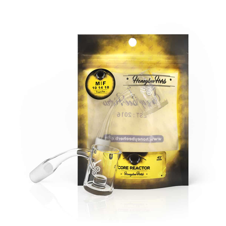 Honeybee Herb CORE REACTOR QUARTZ BANGER at 45° angle, clear quartz, front view on branded packaging