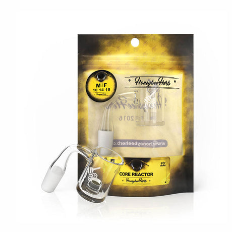 Honeybee Herb CORE REACTOR Quartz Banger at 90° angle, clear, for dab rigs, displayed on branded packaging