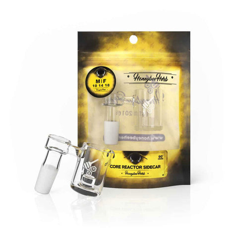 Honeybee Herb Core Reactor Sidecar Quartz Banger at 90° angle, clear, displayed on packaging