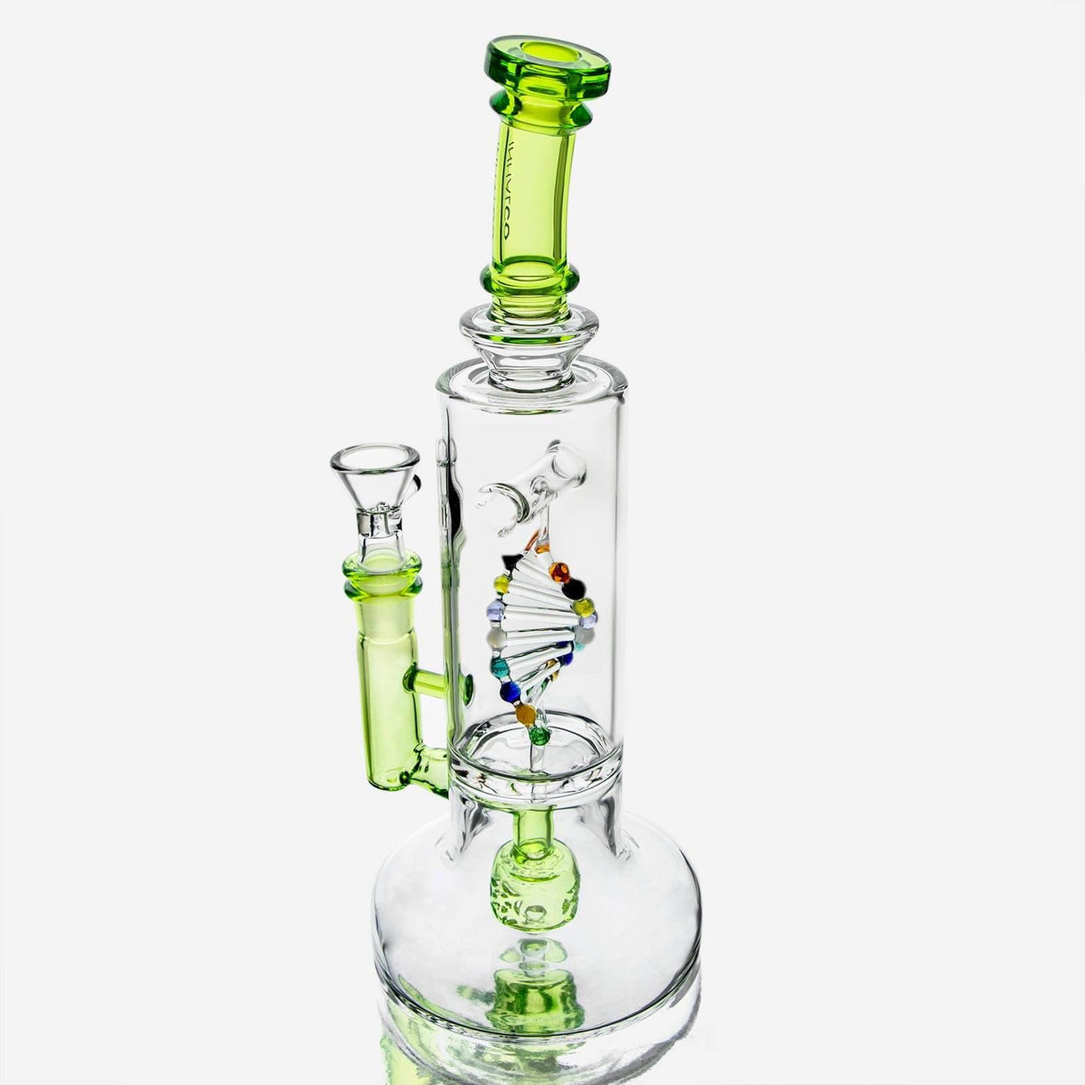 PILOTDIARY DNA Bong with intricate helix design and green accents, front view on white background