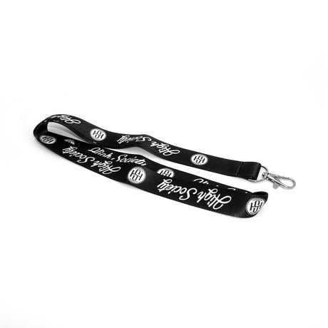 High Society Limited Edition Black Lanyard with White Logo Print, Angled View