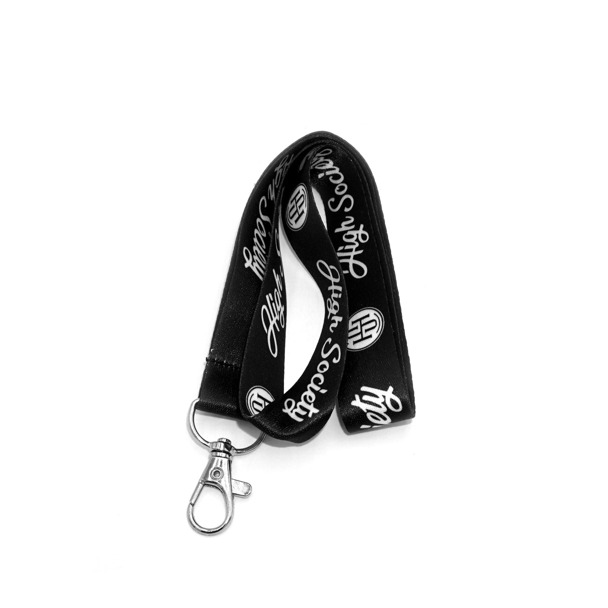 High Society Limited Edition Black Lanyard with White Logo, Front View, with Metal Clasp