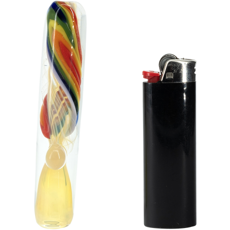 LA Pipes Rainbow Fume Chillum Pipe side view with a black lighter for scale