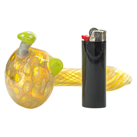 LA Pipes "Shrooming" Mushroom Head Color-Changing Spoon Pipe side view with lighter for scale