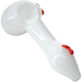 LA Pipes "Drooping Hearts" Spoon with red accents on solid white borosilicate glass, top view