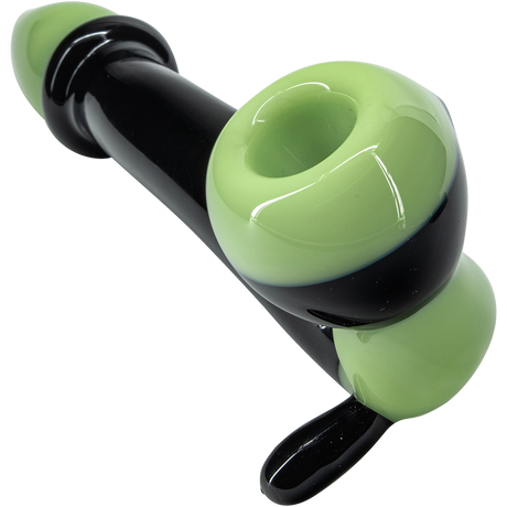 LA Pipes "Alien Locks" Hand Pipe in Green and Black Borosilicate Glass, Sherlock Style, Angled View