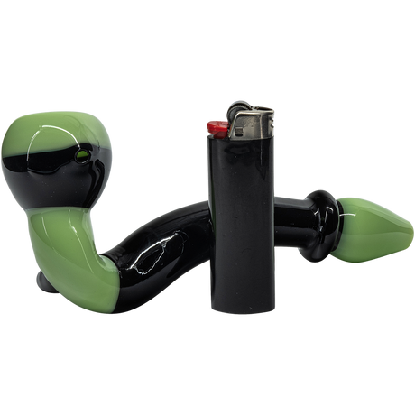 LA Pipes "Alien Locks" hand pipe in green and black with borosilicate glass, side view