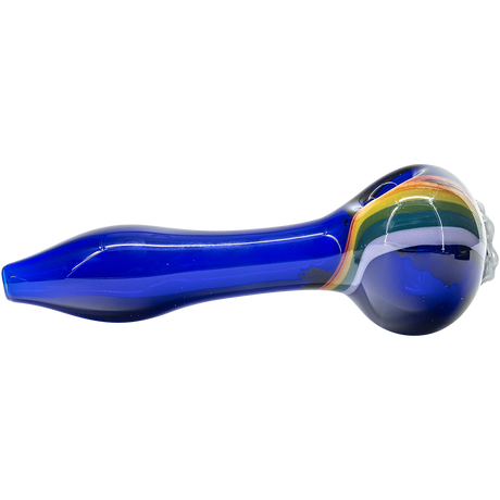 LA Pipes Cobalt Blue Glass Pipe with Rainbows n Clouds design, side view on black background