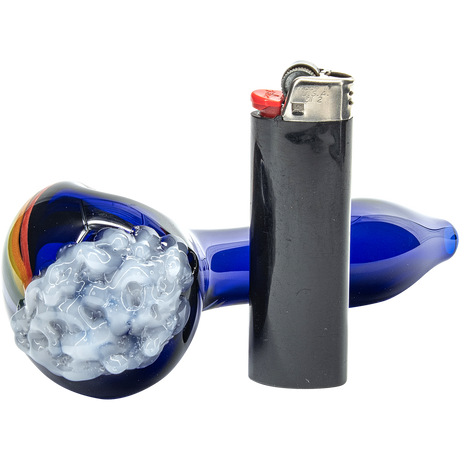 LA Pipes "Rainbows n Clouds" Cobalt Blue Glass Pipe side view with lighter for scale