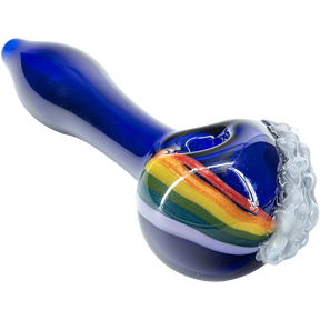LA Pipes Cobalt Blue Glass Pipe with Rainbow Stripe and Cloud Design - Side View