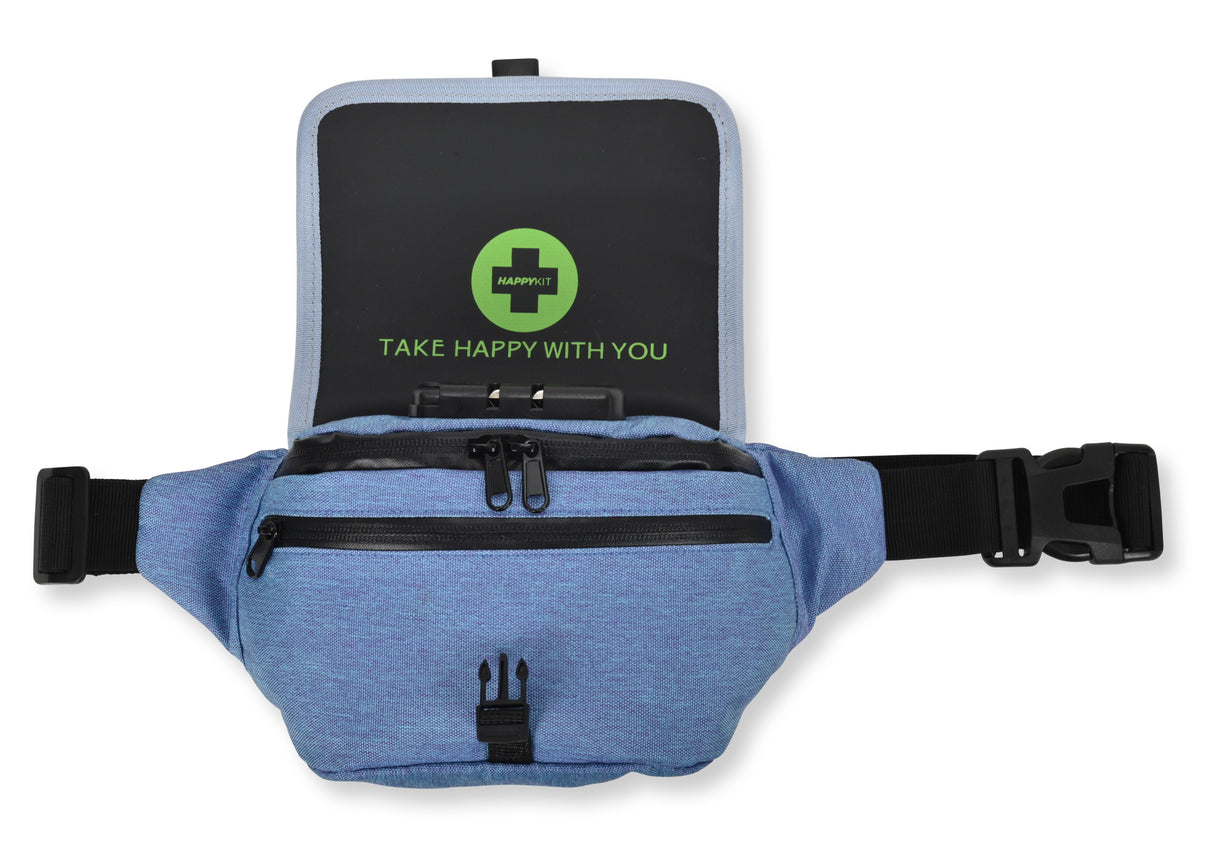 Happy Kit - Blue Fanny Pack with Logo Opened, Front View, Travel-Friendly Design