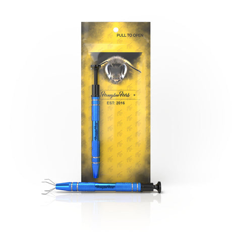 Honeybee Herb DAB CLAW in Blue - Aluminum Dabber Tool for E-Rigs and Dab Rigs, Front View on Packaging