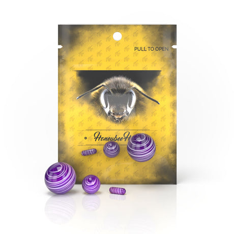 Honeybee Herb Dab Marble Sets in Purple, Borosilicate Glass Terp Pearls on Branded Packaging
